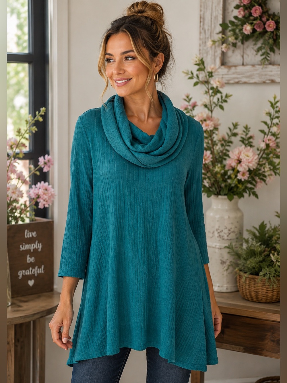 Ali Miles Teal Cowl Neck Tunic Top Women’s Size Large Textured Stretch Swing Top